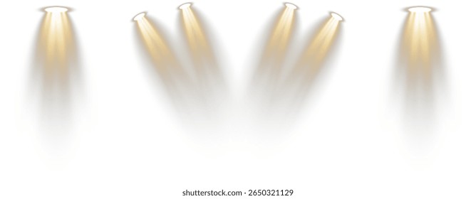 Transparent background holds layered 3D podium base. Spotlight grid shines from hidden ceiling mount. Soft lighting simulates theater-style illumination zone. Reflections create elegant studio