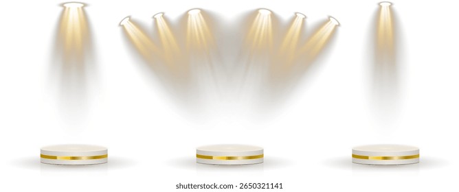 Transparent background holds layered 3D podium base. Spotlight grid shines from hidden ceiling mount. Soft lighting simulates theater-style illumination zone. Reflections create elegant studio