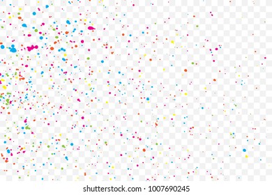 Transparent background with many falling tiny round random confetti, glitter and serpentine pieces blow and sprayed on transparent background. Isolated. Vector.