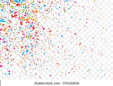 Transparent background with many falling tiny round random confetti, glitter and serpentine pieces blow and sprayed on transparent background. Isolated.
