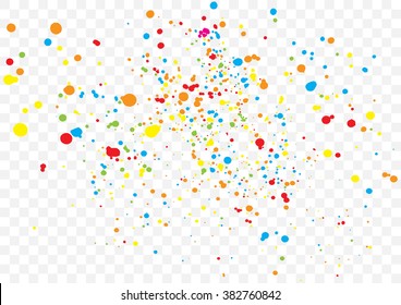Transparent background with many falling tiny round random confetti, glitter and serpentine pieces blow and sprayed on transparent background. Isolated.