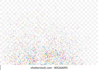 Transparent background with many falling tiny round random confetti, glitter and serpentine pieces blow and sprayed on transparent background. Isolated.