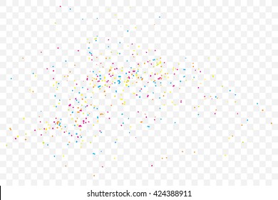 Transparent background with many falling tiny round random confetti, glitter and serpentine pieces blow and sprayed on transparent background. Isolated.