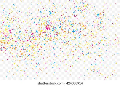 Transparent background with many falling tiny round random confetti, glitter and serpentine pieces blow and sprayed on transparent background. Isolated.