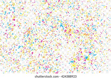 Transparent background with many falling tiny round random confetti, glitter and serpentine pieces blow and sprayed on transparent background. Isolated.