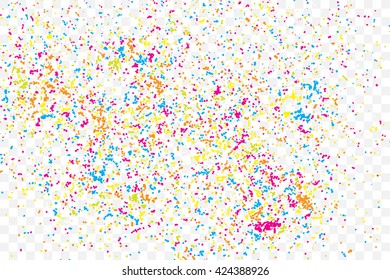 Transparent background with many falling tiny round random confetti, glitter and serpentine pieces blow and sprayed on transparent background. Isolated.