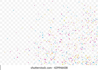 Transparent background with many falling tiny round random confetti, glitter and serpentine pieces blow and sprayed on transparent background. Isolated.