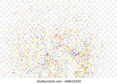 Transparent background with many falling tiny round random confetti, glitter and serpentine pieces blow and sprayed on transparent background. Isolated.