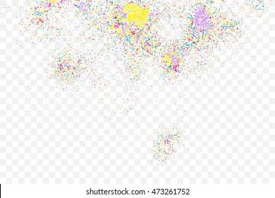 Transparent background with many falling tiny round random confetti, glitter and serpentine pieces blow and sprayed on transparent background. Isolated.