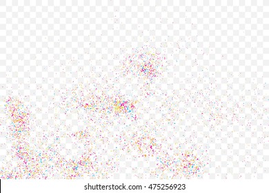 Transparent background with many falling tiny round random confetti, glitter and serpentine pieces blow and sprayed on transparent background. Isolated.