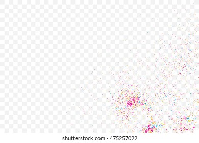 Transparent background with many falling tiny round random confetti, glitter and serpentine pieces blow and sprayed on transparent background. Isolated.
