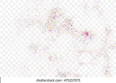 Transparent background with many falling tiny round random confetti, glitter and serpentine pieces blow and sprayed on transparent background. Isolated.