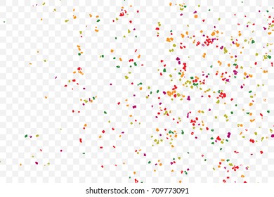 Transparent background with many falling tiny round random confetti, glitter and serpentine pieces blow and sprayed on transparent background. Isolated.