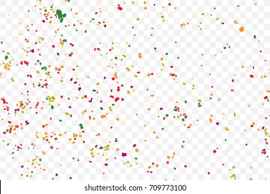 Transparent background with many falling tiny round random confetti, glitter and serpentine pieces blow and sprayed on transparent background. Isolated.