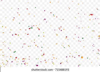 Transparent background with many falling tiny round random confetti, glitter and serpentine pieces blow and sprayed on transparent background. Isolated.