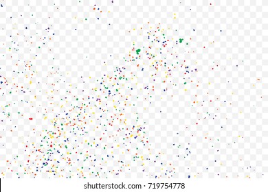 Transparent background with many falling tiny round random confetti, glitter and serpentine pieces blow and sprayed on transparent background. Isolated. Vector.