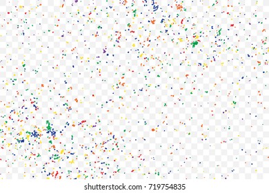 Transparent background with many falling tiny round random confetti, glitter and serpentine pieces blow and sprayed on transparent background. Isolated. Vector.