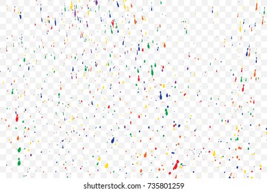 Transparent background with many falling tiny round random confetti, glitter and serpentine pieces blow and sprayed on transparent background. Isolated. Vector.