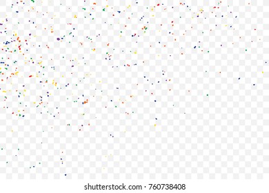 Transparent background with many falling tiny round random confetti, glitter and serpentine pieces blow and sprayed on transparent background. Isolated. Vector.