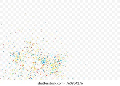 Transparent background with many falling tiny round random confetti, glitter and serpentine pieces blow and sprayed on transparent background. Isolated.