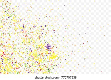 Transparent background with many falling tiny round random confetti, glitter and serpentine pieces blow and sprayed on transparent background. Isolated.