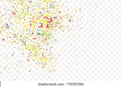Transparent background with many falling tiny round random confetti, glitter and serpentine pieces blow and sprayed on transparent background. Isolated.