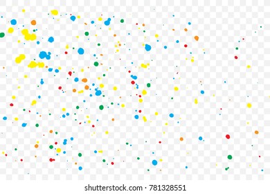 Transparent background with many falling tiny round random confetti, glitter and serpentine pieces blow and sprayed on transparent background. Isolated.