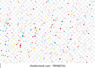 Transparent background with many falling tiny round random confetti, glitter and serpentine pieces blow and sprayed on transparent background. Isolated. Vector.