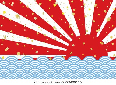 Transparent background New Year's card background with red first sunrise and blue ocean waves with gold foil