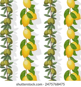 Fondo transparente con aceitunas y limones.Patrón sin costuras de Vector con ramas de olivo y limones brillantes sobre un fondo transparente con sombra.