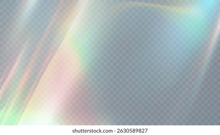 Fundo transparente com distorção de luz holográfica suave e textura do arco-íris shimmer. Efeito de refração de brilho iridescente para sobreposições, design digital, web e imagens de marca.

