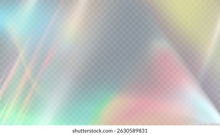Transparent background with soft holographic light distortion and rainbow shimmer texture. Iridescent glow refraction effect for overlays, digital design, web and branding visuals.

