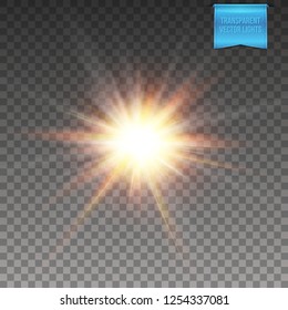  Fondo transparente. Ilustración vectorial del sol brillante realista, ráfaga de estrellas con vigas de luz radiante, efectos de luz intermitentes. 