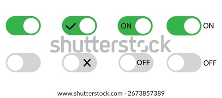 Transparent background vector illustration switches set. On and Off states in green and grey colors for app ui, settings control, ux design, and digital interface elements