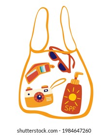 Transparent bag with beach accessories. Sunscreen, glasses, camera, wallet. Summer vibes. Cute accessories for summer holiday. Vector illustration in cartoon style.