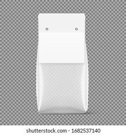 Transparent bag package with cardboard valve. Vector illustration. Mockup ready for your design, promo, adv. EPS10.	
