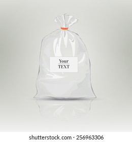 Transparent Bag For Package Design. Plastic Packaging. Monochrome Vector Illustration. Blank White Bag With Place For Your Design. Sketch Style. Isolated Background With Shadow