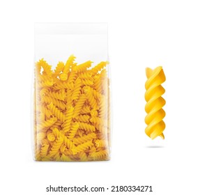 Transparent bag package with fusilli pasta isolated on white background. Vector illustration. Can be use for template your design, promo, adv. EPS10.	