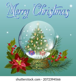 Balón transparente con un árbol de Navidad. Ilustración vectorial con un árbol de Navidad en una bola transparente, decoraciones de Año Nuevo y texto en un fondo de color con chispas.