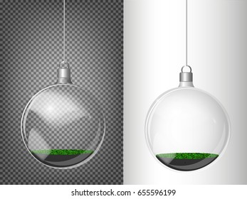 Transparent ball of glass for the terrarium. Elements of Christmas decorations. Transparent vector object for design, layout. A shiny toy with moss inside. Isolated object. Vector illustration.