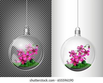 Transparent ball of glass with violets inside. Elements of Christmas decorations. Transparent vector object for design, layout. A shiny toy with moss and flowers inside. Isolated object.