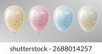 Transparent balloon collection with realistic golden, pink and blue glitter for party or celebration decorations. Glossy inflated spheres with gold strings and sparkles. Colorful festive elements.