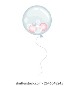 Transparent balloon filled with pastel pink and blue spheres. Vector illustration in soft, cartoon style. Perfect for birthday designs, party decorations, greeting cards, and festive stationery.