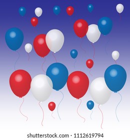 Transparent balloons on blue -white gradient background. Red, white and blue balloons. English or USA colours. Invitation / card template, vector illustration