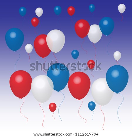 Transparent balloons on blue -white gradient background. Red, white and blue balloons. English or USA colours. Invitation / card template, vector illustration