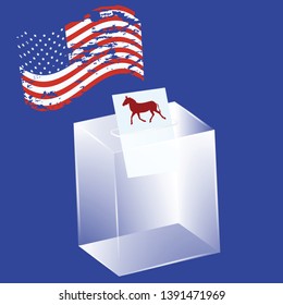 Transparent ballot box - a bulletin with a donkey, a political symbol of the Democrats - the US flag in grunge style - vector. US political parties
