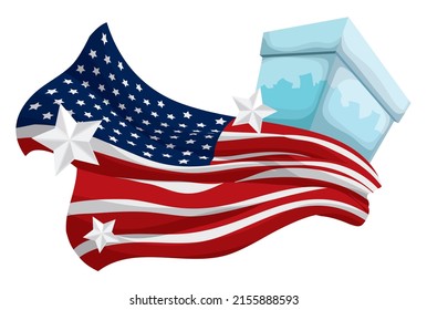 Transparent ballot box with votes, waving U.S.A. flag and white star, ready for elections.