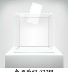 Transparent ballot box with voting paper in hole. Realistic vector 3D illustration on neutral background.