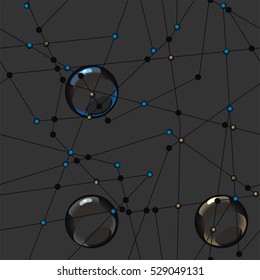 Transparent balls with lines in black a seamless pattern on a black background.