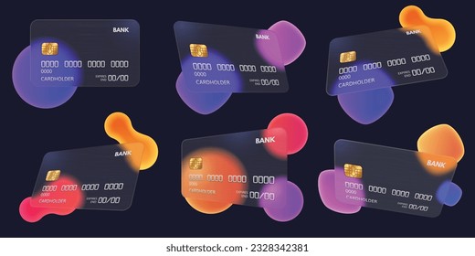 Transparent bank card. Abstract glass credit card template with blurred gradient shapes vector mockup illustration set. Matte plastic card design in glassmorphism style for payments